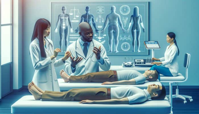 A contemporary acupuncture clinic where experts discuss weight loss benefits, patients receiving treatment, and efficacy charts.