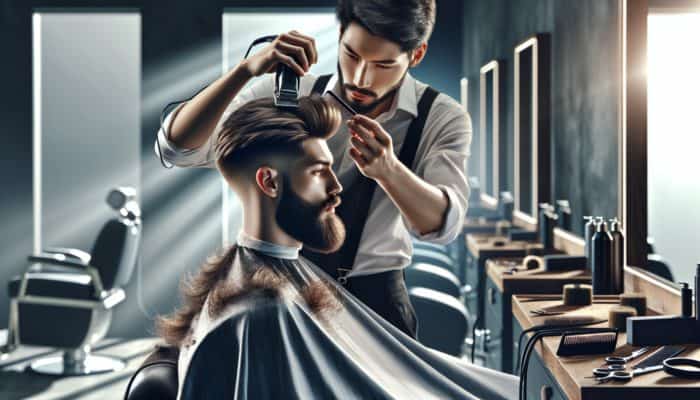 A barber using the clipper over comb technique on a man's thick, coarse beard, creating a seamless gradient.