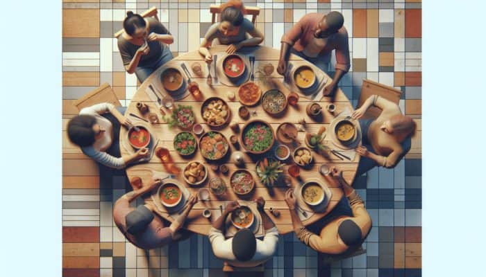 A diverse group enjoying simple weeknight meals like pasta, salad, and soup at a cosy kitchen table.
