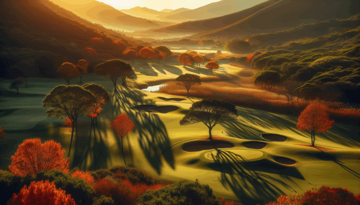A serene South African golf course at golden hour with vibrant autumn foliage.