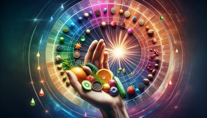 Person with supplements and clock, background divided into eating and fasting windows, showing optimal intake times.