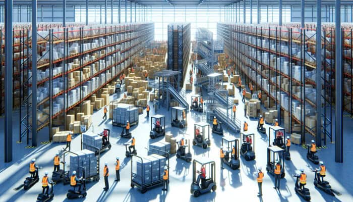 A busy warehouse with clearance signs and various affordable transport options, guided by experts in vests.