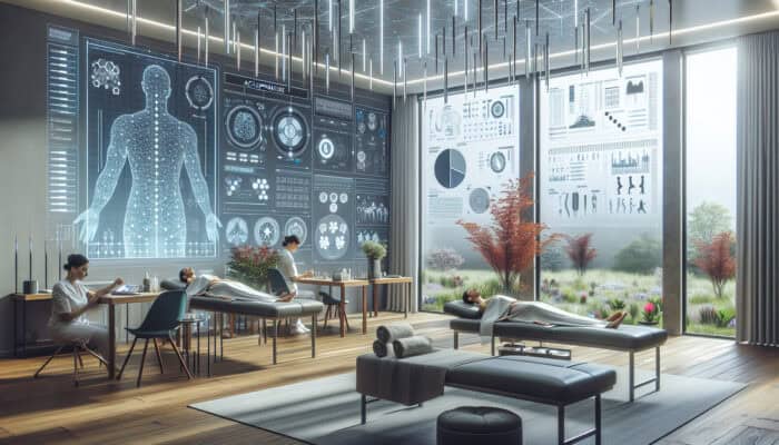 A tranquil UK clinic room with patients receiving acupuncture, surrounded by advanced technology and natural elements, symbolising holistic healthcare and well-being.