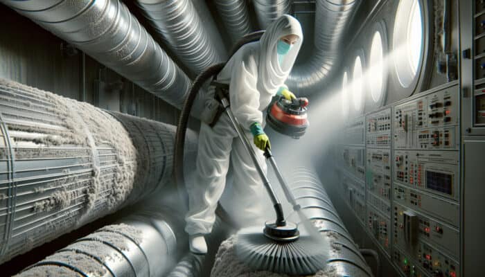 Technician cleaning ductwork with rotary brushes and vacuum, then applying a sanitising spray.