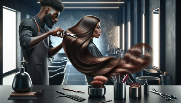 A hairstylist cutting long layers into a model's hair for enhanced movement in a modern salon.