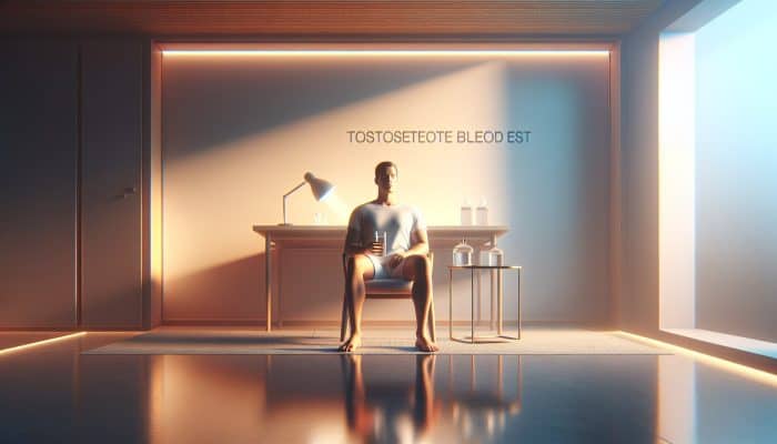 Individual fasting for a testosterone test, calmly drinking water in a peaceful, minimalist environment.