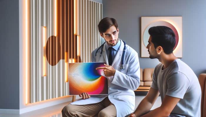 A doctor and patient discussing testosterone charts and exploring dietary and exercise options in a clinical setting.