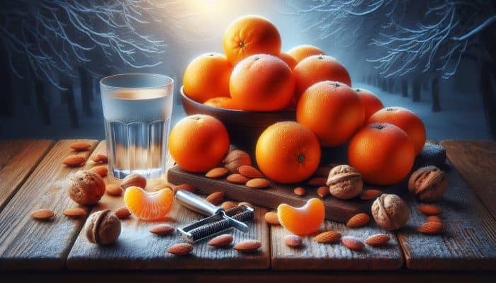 Juicy oranges on a dark wooden table with almonds, walnuts, water glass, and peeler, against a winter backdrop.