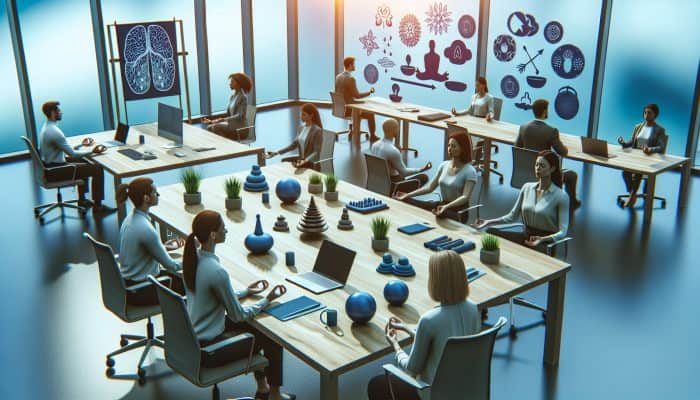 UK office workers participating in brief mindfulness sessions, supported by workshops and resources.