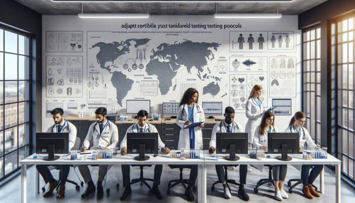 In a modern Hull clinic, diverse professionals adapt cortisol testing for various demographics using advanced equipment and UK maps.