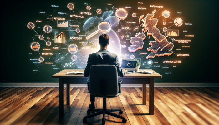 Small business owner in Chard, UK, using a laptop with Google Keyword Planner amid floating keywords, rising graphs, and a UK map for SEO.