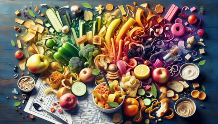 A lively kitchen scene showcasing food scraps being transformed into delightful upcycled dishes.