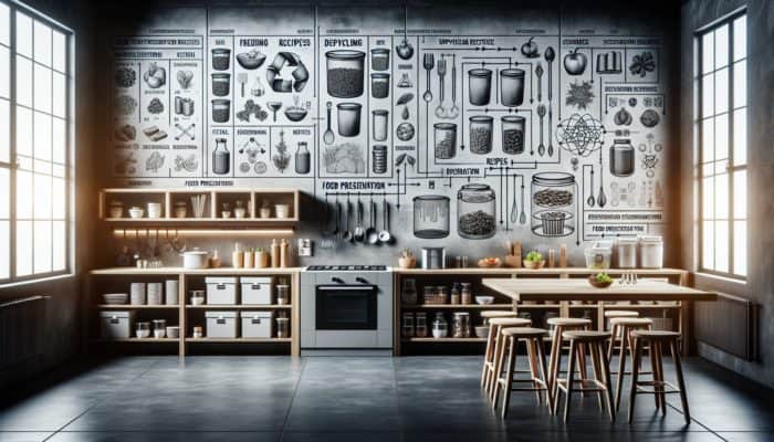 Kitchen setup displaying food scrap storage, upcycling recipes, and preservation techniques such as freezing, dehydrating, and fermenting.