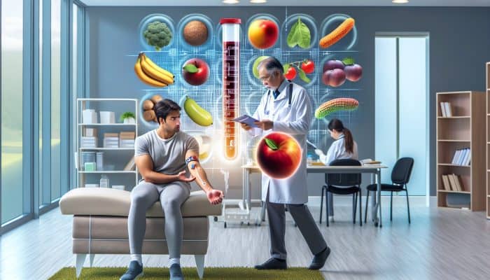 Food Intolerance Test in Harrogate: A diverse patient in a modern Harrogate clinic undergoing a non-invasive food intolerance test, with a doctor reviewing allergen charts and fresh fruits nearby.