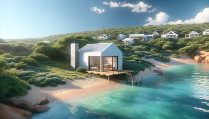 Affordable starter home in Plettenberg Bay, with a modest single-story design near pristine beaches and lush coastal greenery under a blue sky.