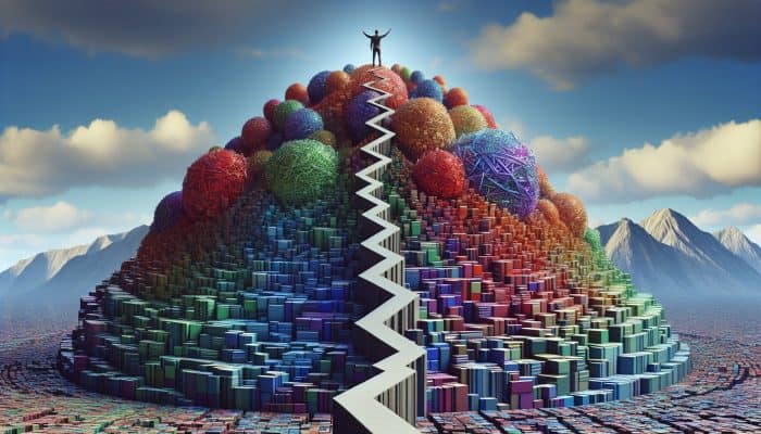 Combining Debt Consolidation With Balance Transfers: UK Guide | DCL Combining Debt Consolidation With Balance Transfers: A person on a mountain of colorful blocks, symbolising consolidated debts, with a clear path down for simplified repayment and financial relief.