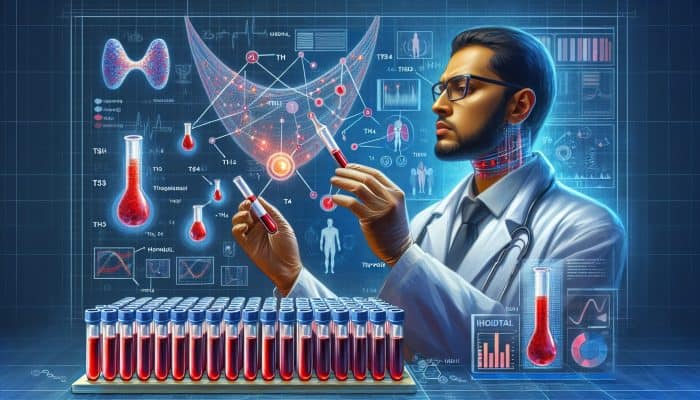 What Tests Diagnose Thyroid Issues?: A focused technician in a white coat examines blood vials labeled TSH, T4, and T3 in a modern NHS lab, surrounded by digital thyroid diagrams.