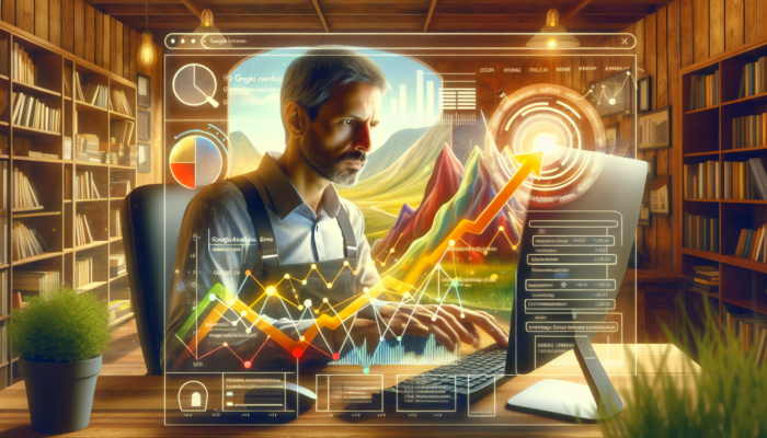 A dedicated small business owner in a warm Stonehouse office evaluates rising Google Analytics graphs depicting website traffic, user behaviour, and conversions, symbolising SEO success.