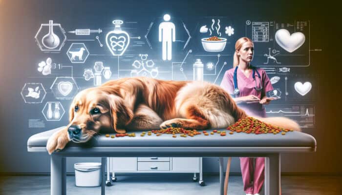 A lethargic golden retriever lies on a vet's table, owner discusses excessive fiber diet with veterinarian amid food bowls and charts.