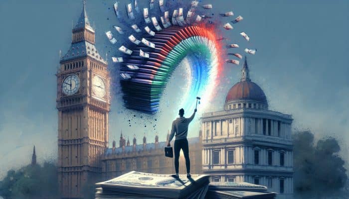A relieved UK borrower in London under Big Ben merges multiple payday loans into a glowing document, symbolising simplified finances and savings.