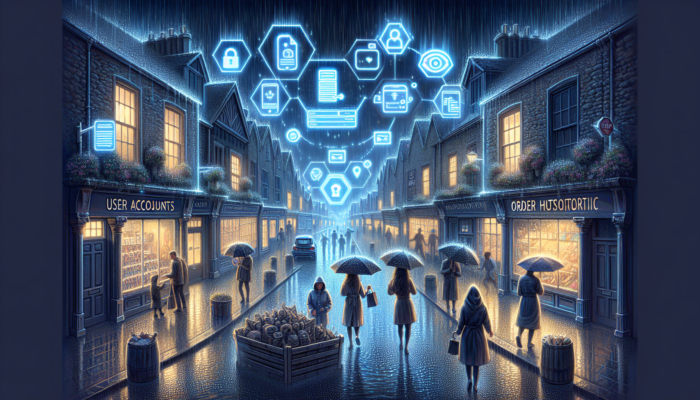 Secure WooCommerce dashboard on a rainy Glastonbury street, showing GDPR consent forms, two-factor authentication locks, and smiling customers viewing order histories.