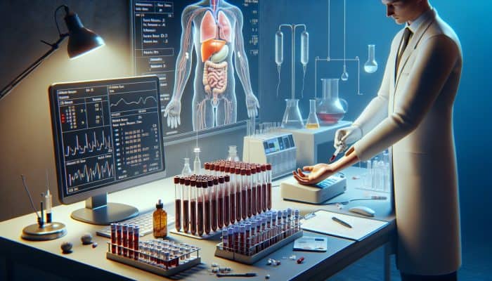 A doctor draws blood from a patient's arm in a sterile lab, with liver function test tubes, enzyme graphs, and a liver diagram.
