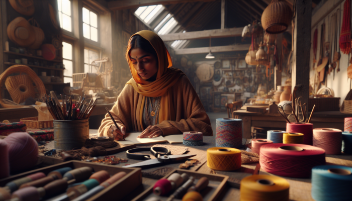 A focused entrepreneur in a rustic UK craft shop writes a blog on DIY projects, surrounded by vibrant tools and handmade items in warm light.
