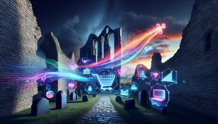 Surreal twilight scene at Corfe Castle: ancient ruins with holographic floating keywords, graphs, and emerging shopping carts.