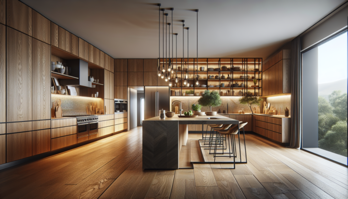 Modern Stellenbosch kitchen with sustainable wood cabinets, natural stone countertops, open layout, and organized storage in warm light.