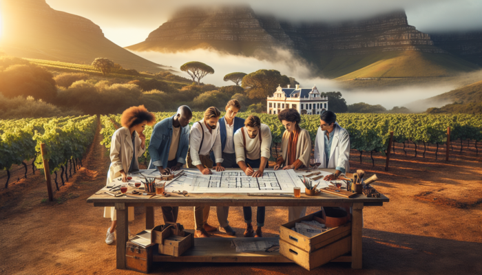 Architects in Stellenbosch review blueprints for a historic Cape Dutch house, surrounded by vineyards and mountains under golden sunlight.
