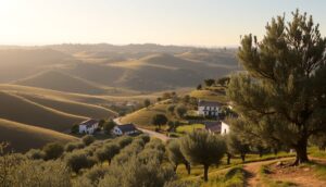 A picturesque landscape along Portugal’s Alentejo Olive Route: rolling green hills dotted with olive trees and white houses with red roofs beneath a clear sunset sky. Soft sunlight casts long shadows, while distant hills fade into the horizon.