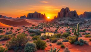 A vivid desert landscape at sunset features orange sand dunes, rocky formations, and green cacti—perfect for Scenic Adventures. Warm hues glow as the sun sets behind jagged mountains, casting dramatic shadows across this serene California Desert Parks scene.