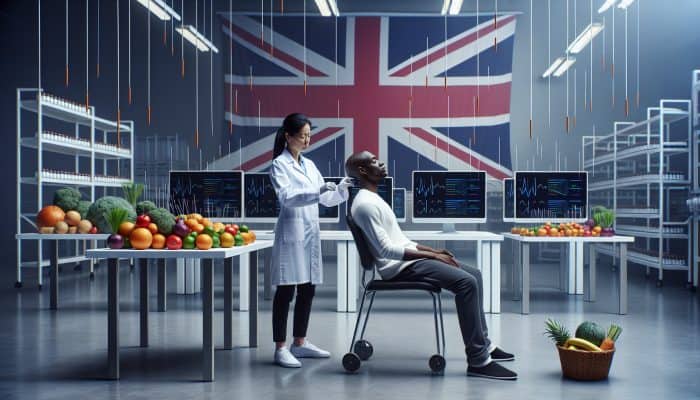 In a modern UK lab, a scientist in a white coat administers acupuncture to a volunteer amidst nutritional charts, fruits, supplements, and Union Jack flags.