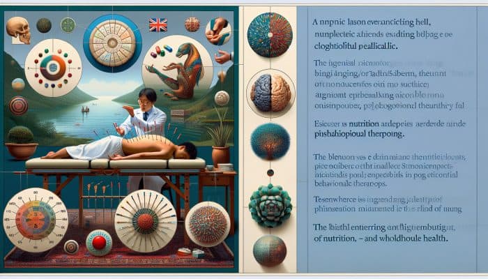 A serene British clinic scene: a patient receiving acupuncture while a therapist discusses CBT with food charts and psychological diagrams for holistic health.