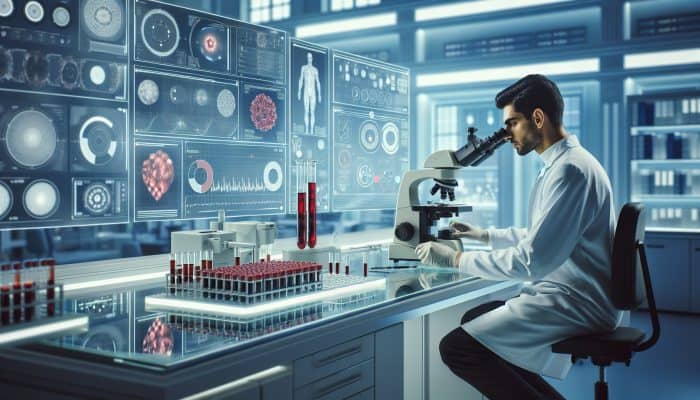 Medical professional in a white coat examines a blood sample under a high-tech microscope, with screens showing glucose graphs and diabetes results in a sterile lab.