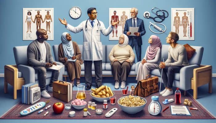Doctor in a white coat explains blood test accuracy for diabetes to diverse patients in an NHS clinic, surrounded by high-carb meal, age charts, and lab equipment.
