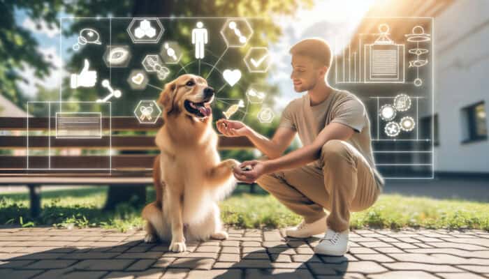 A cheerful owner in a sunny park rewards a sitting golden retriever with a treat, gently guiding its paw down.