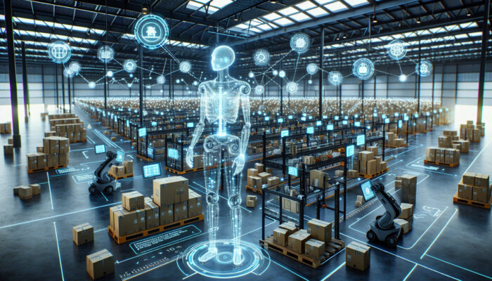 AI-driven robots in a Manchester warehouse efficiently pack diverse products, analyzing weight and fragility on screens for a 30% logistics boost.