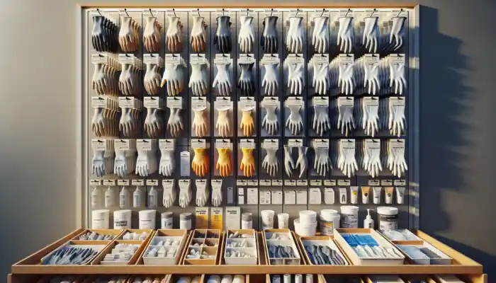 PVC Work Gloves in Reigate: Assorted PVC work gloves displayed in a UK market, including lightweight general-purpose, chemical-resistant, and insulated varieties for various tasks.