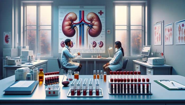 In Leyland clinic, patient and doctor discuss kidney tests with lab equipment, blood vials, kidney diagram, and rainy streets visible.