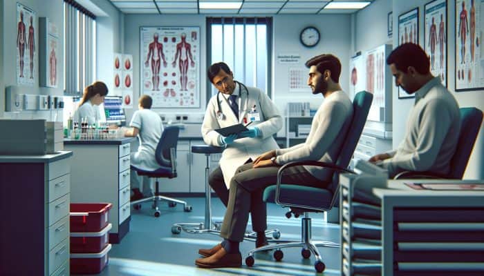 In a modern UK NHS clinic, a GP in a white coat discusses B12 symptoms with a seated patient as a nurse prepares a blood draw kit.