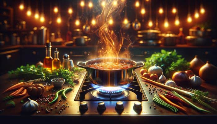 A steaming pot on a gas stove simmers amber sauce, surrounded by fresh herbs, spices, and ingredients in a warm kitchen.