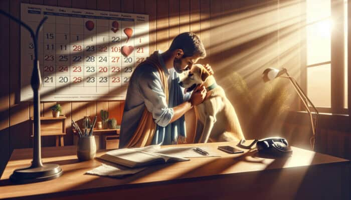 Pet Owner Monitoring Dog Recovery: A pet owner gently checks a recovering dog for distress in a sunlit room, with a follow-up calendar and phone nearby.