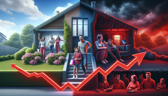 Illustration contrasting low interest rates with joyful family buying a home and green graphs, versus high rates with stressed couple facing foreclosure and red lines.