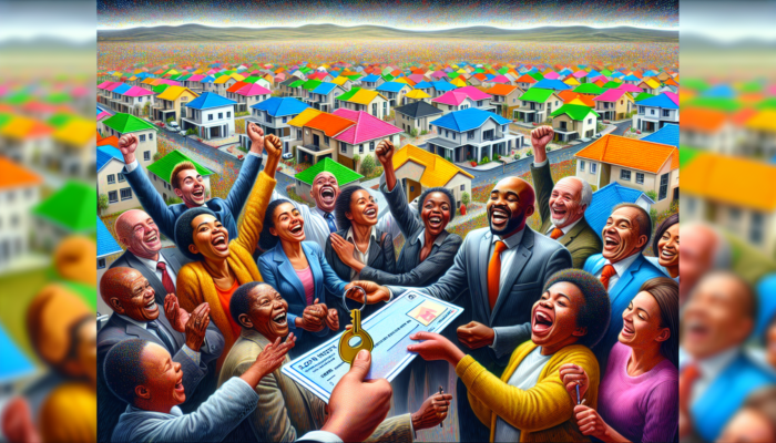 In Makhanda, South Africa, homebuyers joyfully receive house keys from officials under FLISP and UDP, with colourful developments and grant envelopes.