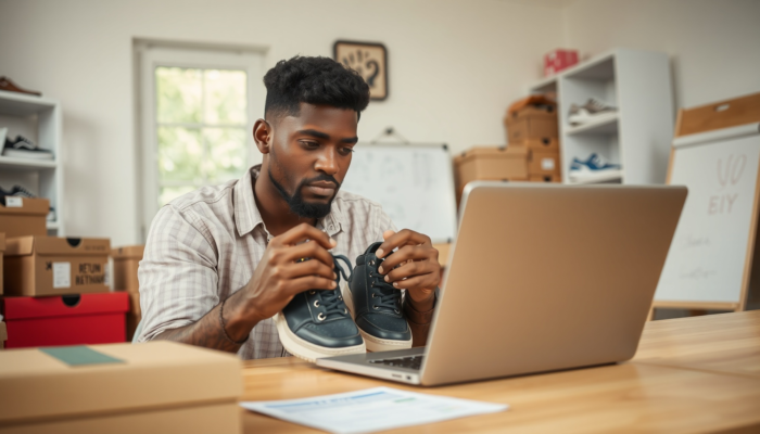 Person thoughtfully examining shoes in a warm room with shoe boxes and a laptop displaying a return policy document.