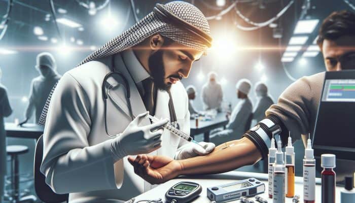 A doctor draws blood from a patient's arm in a sterile lab, surrounded by glucometers, HbA1c kits, and glucose charts under bright lights.