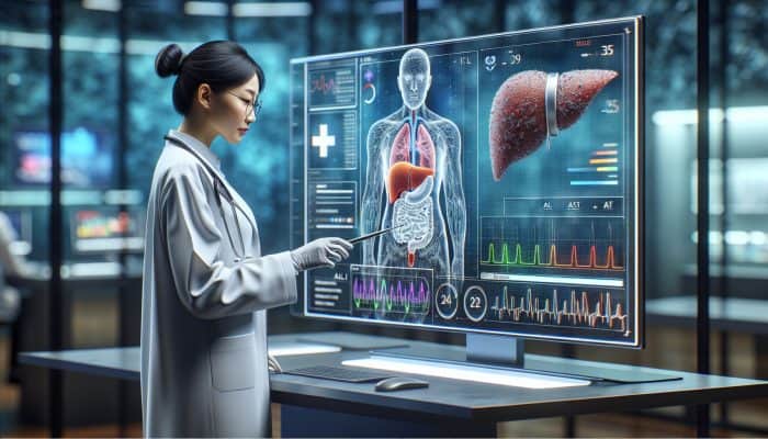 Doctor in modern lab analyzing elevated bilirubin, ALT, and AST graphs, with healthy versus damaged liver diagram for consultation.