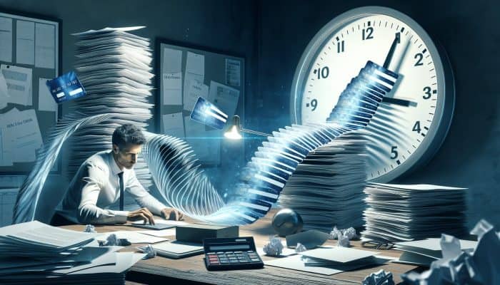 Understanding Debt Consolidation Costs: Essential Information | DCL Focused individual at cluttered desk with documents and ticking clock, symbolising the timeframe for UK debt consolidation.