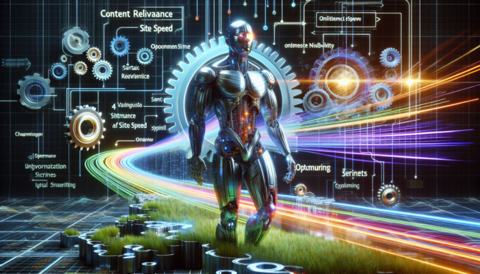 A digital gatekeeper representing a search engine algorithm in a bustling UK e-commerce scene, with gears for content relevance and site speed, directing data traffic to optimised small business websites.